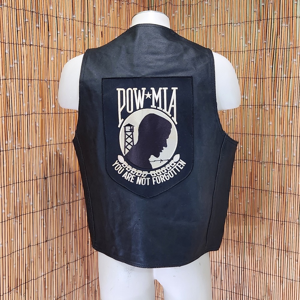 VTG Biker Leather Vest POW MIA Military Veteran PATCH HOG *Weathered large xl
